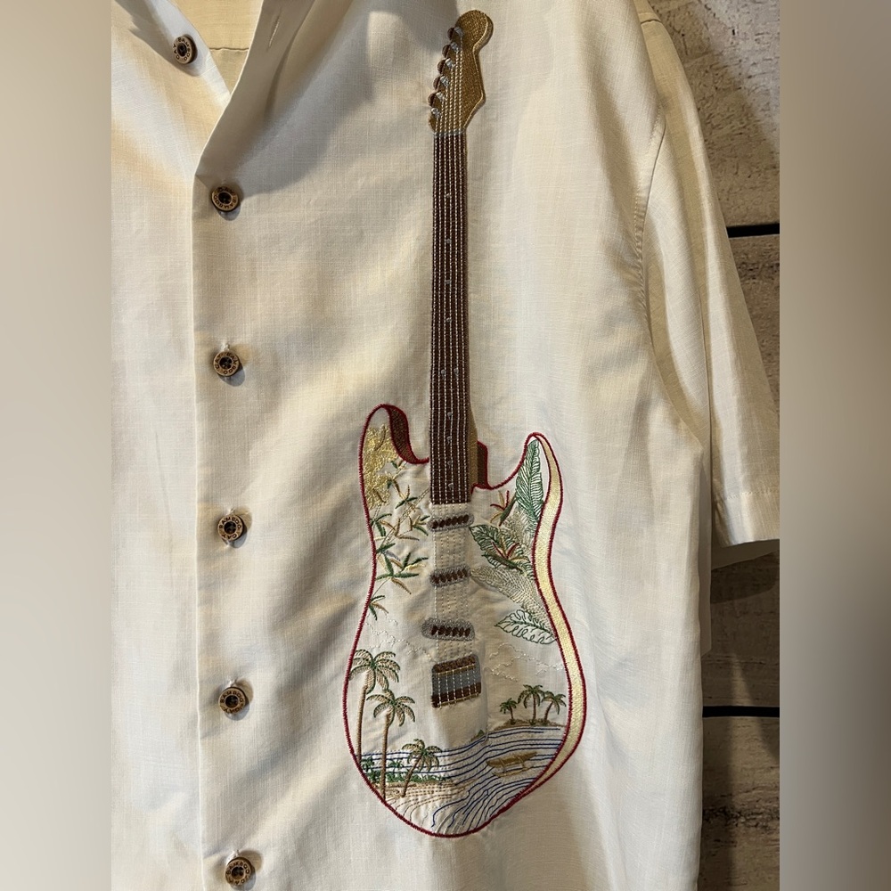 Bamboo Cay Embroidered Guitar Music Button-Up Shirt Hawaiian Unique Short Sleeve - Picture 3 of 9